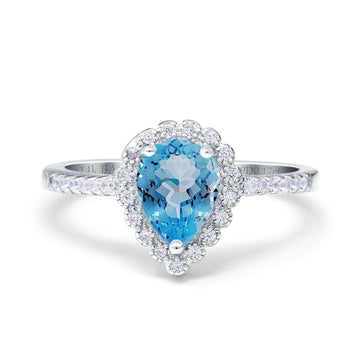 14K White Gold 1.42ct Teardrop Pear Halo 8mmx6mm G SI Natural Blue Topaz Diamond Engagement Wedding Ring Size 6.5
